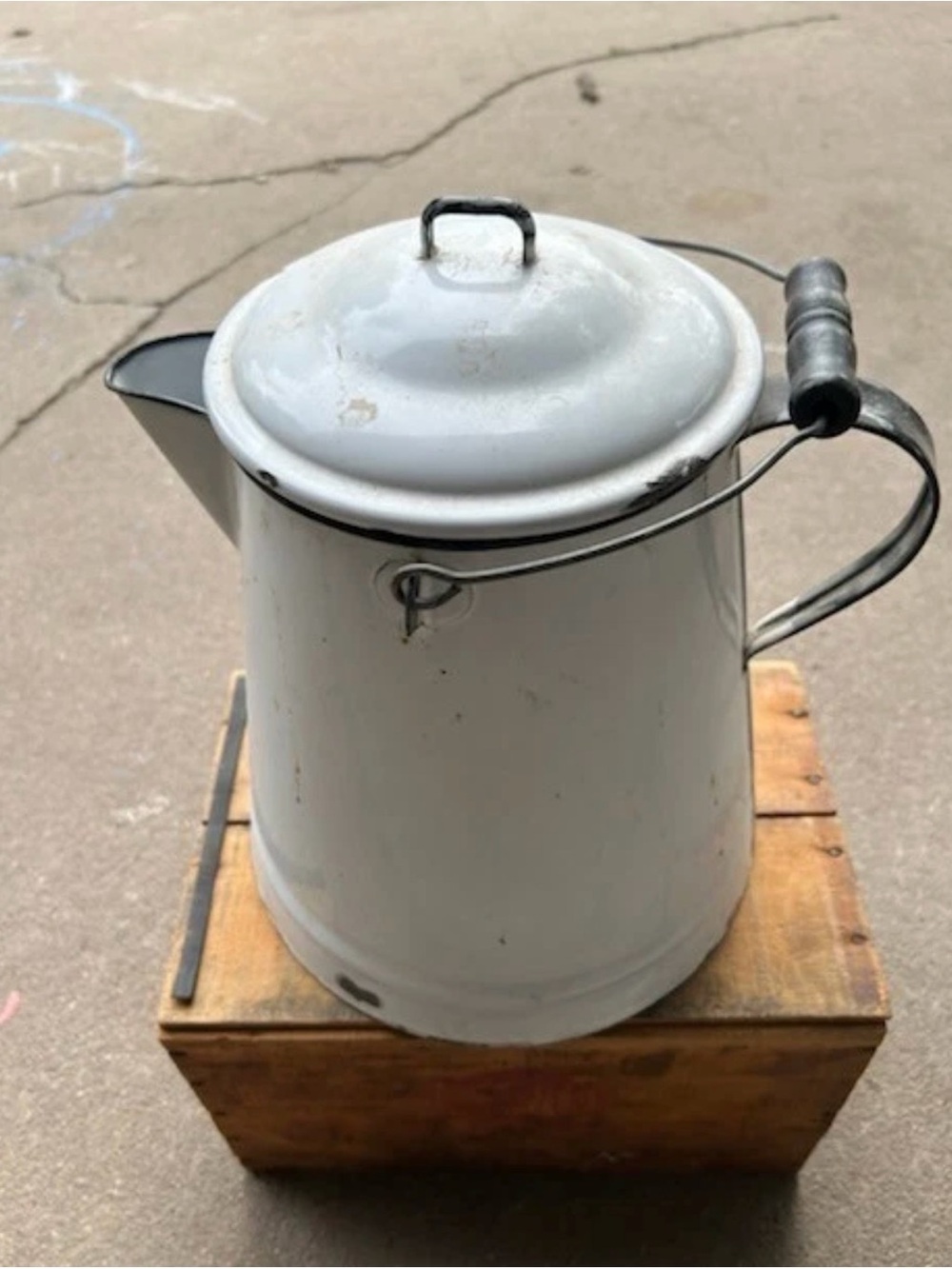 Vintage White Enamelware Coffee Pot with Lid